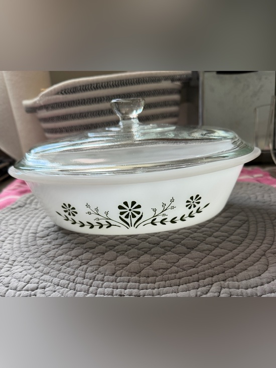 Other - Vintage White Milk Glass Casserole Dish with Green Floral Pattern and Glass Lid